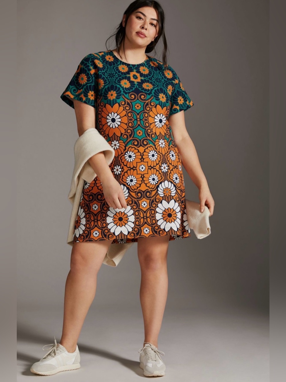 Like new Anthropologie Maeve Floral Shift Mini Dress in retro teal and orange. - Picture 3 of 9